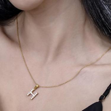 Imagem de Colar com pingente de cristal banhado a ouro 18 K - joia com monograma de strass para presentes personalizados e uso diário, F, Aço inoxidável, Sem Pedra Preciosa