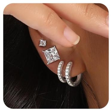 Imagem de Conjunto de brincos de zircônia cúbica quadrados banhados a ouro branco 14 K, pacote com 5 pares