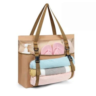 Imagem de KOKKOYA Bolsa de praia grande de malha preta 40L com zíper duplo com zíper inferior à prova de areia à prova d'água, Azul festivo, preto, marrom seixo