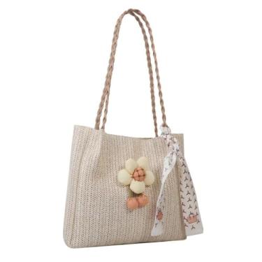 Imagem de Bolsa feminina casual de tecido palha de grande capacidade para férias (cáqui)