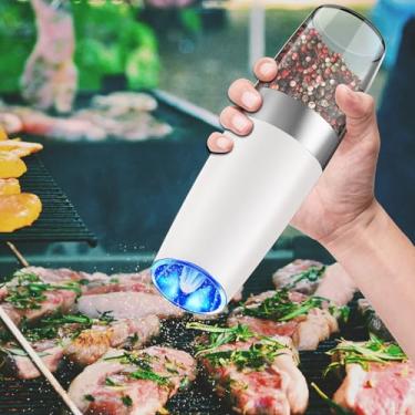 Imagem de Moedor elétrico de pimenta ou sal, moedor de moedor automático com espessura ajustável, luz LED de saleiro automático, alimentado por bateria, aço inoxidável, operado com uma mão, branco de neve