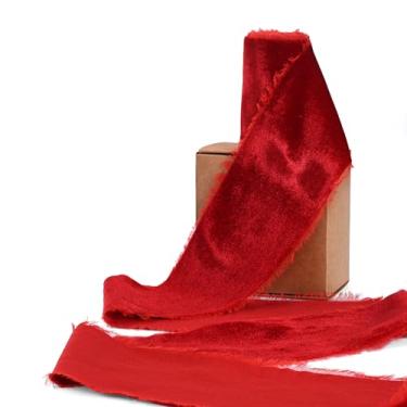 Imagem de Simplegoal Fita de veludo vermelha desgastada para embrulho de presente 7,5 cm Fita de veludo para decoração de Natal, buquê de flores, projetos de artesanato DIY