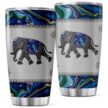 Imagem de CUBICER Copo de aço inoxidável com estampa de elefante elegante, 590 ml, para amantes de ioga e entusiastas com design de mármore verde azul, bebida, calor, frio, café, isolado, quente, garrafa de