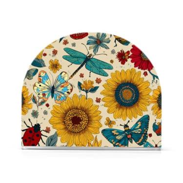 Imagem de QwThum Porta-guardanapos bege para insetos florais de girassol para mesa dispensador de guardanapos verticais dispensadores de lenços de acrílico para cozinha coquetel hotel restaurante casa decoração