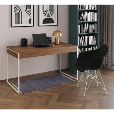 Imagem de Escrivaninha Industrial Office Estudo Malta Amêndoa 137X53Cm Com 1 Poltrona Preta Base Marrom
