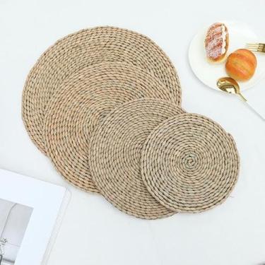 Imagem de HSYHKDSY Jogo americano elíptico redondo tecido jacinto de água natural para mesa de jantar grande feito à mão resistente ao calor (natural 60 cm b)