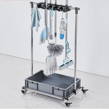 Imagem de JYXYXSCP Suporte móvel para esfregão de chão, suporte para esfregão de vassoura, ferramentas de limpeza, design de rodas de 360° Pp Catch Basin Professional (10 Arraste 12 Ganchos)