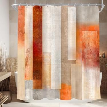 Imagem de Cinbloo Cortina de chuveiro vermelha laranja queimada 72Lx72H abstrata rústica legal neutra vintage bege marrom blocos minimalistas pintura aquarela conjunto de cortinas de banheiro estética banheiro