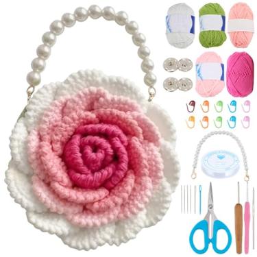 Imagem de FREEBLOSS Kit de bolsa de crochê rosa com tutoriais em vídeo, bolsa de crochê rosa tricotada para iniciantes e adultos, bolsas feitas à mão para presente, projetos de artesanato para adultos