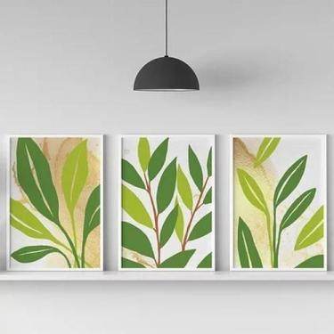 Imagem de Kit 3 Quadros Folhas Verdes Fundo Branco 45X34 - Branca - Quadros On-L