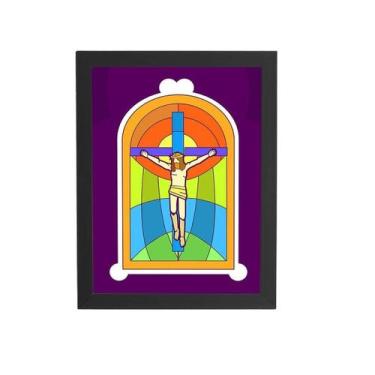 Imagem de Quadro Jesus Cristo Crucificado Vitral Moldura Preta 60X40Cm - Plimsho