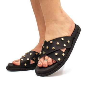 Imagem de Sandália Feminina Brilho Flat Papete Fatflorm Plataforma Enfeite Metál