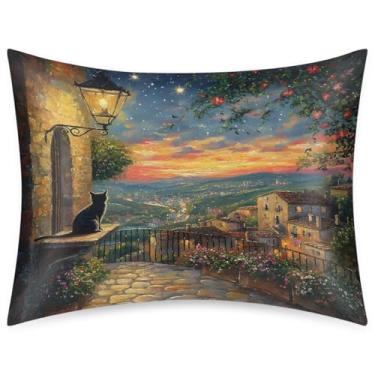 Imagem de Fronha de almofada de cetim de seda de tamanho padrão para cabelo e pele, capa de almofada macia para resfriamento, paisagem de gato, lindas capas de travesseiro com fecho de envelope para dormir