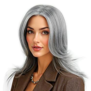 Imagem de MEDISIFA Peruca feminina cinza e branca em camadas com destaque para mulheres, cabelo sintético resistente ao calor, ondulado natural, peruca feminina para mulheres, uso diário, cosplay, fantasia de
