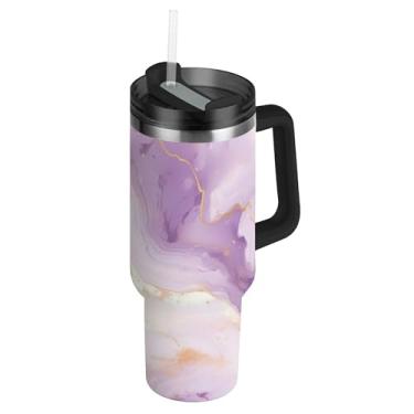 Imagem de SEHANY Copo de mármore roxo de 850 g com tampa e canudo, aço inoxidável de vácuo duplo isolado garrafa de água esportiva suporte para copo de café de viagem à prova de vazamento para bebida gelada