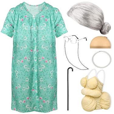 Imagem de Yaomiao Conjunto de 8 peças de fantasia de senhora para mulheres, ternos gordos, vestido de avó, de manga curta, roupão de vovó, peruca muleta, Cabelo cinza longo elegante, GG