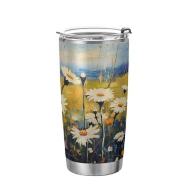 Imagem de xigua Copo de flores silvestres de jardim aquarela com tampa de palha, caneca de viagem a vácuo de parede dupla, caneca de café bem isolada, copo de aço inoxidável para bebidas quentes e frias, 600 ml