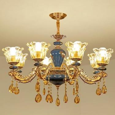 Imagem de Luminária pendente de cristal de luxo em estilo europeu - ideal para sala de estar, hall de entrada, sala de jantar e quarto | Detalhes em cerâmica (8 lâmpadas, 85 cm)