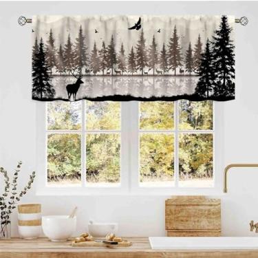 Imagem de Valance de veado para casa de fazenda, retrô, rústico, floresta, lago, pinheiro, silhueta, cabana, cabana, varão, bolso, janela, cortinas, para cozinha, café, sala de estar, quarto, armário, banheiro
