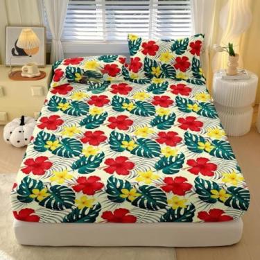 Imagem de Jogo de Lençol com Elástico Estampado Tropical 400 Fios Para Cama Solteiro Casal Queen Micropercal Estampado(Tropical Vermelho,QUEEN 3 Peças)