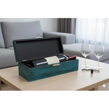 Imagem de Caixa de Madeira para Vinho, Estojo Presente para Bebidas, Acabamento Verde Azulado com Fecho Dourado