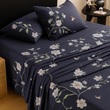 Imagem de Jogo de Lençol 4 Peças Percal 400 Fios Toque Macio Queen King Cama Casal Luxo Premium(Floral Marinho,Queen Size)