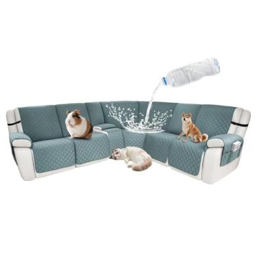 Imagem de ROFASVCO Capas de sofá reclináveis secionais à prova d'água, em forma de L, 8 peças, antiderrapante, lavável, conjunto de capa reclinável de canto para cães de estimação (5 lugares e 1 capa de console