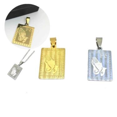 Imagem de Pingente Masculino Feminino Dourado Placa FÉ Mão Rezando Oração Aço Inox Premium-Masculino