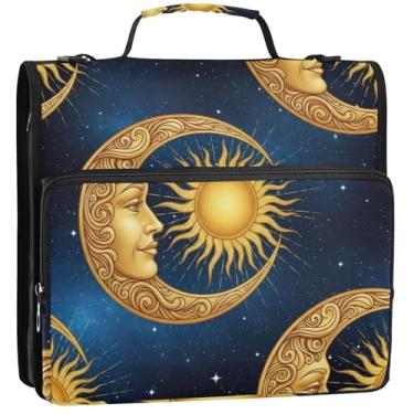 Imagem de Organizador de fichário com zíper com perfil de lua crescente dourado azul 3,8 cm 3 anéis bolsa durável para fichários escolares com alça de ombro para portfólio comporta 500 lençóis, 34,5 x 31,5 x 9