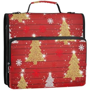 Imagem de 3 fichários com 3 anéis de 3 anéis para árvores de Natal com zíper vermelho bolsa organizadora de fichários escolares com alça de ombro grande para 500 lençóis, 34,5 x 31,5 x 9 cm