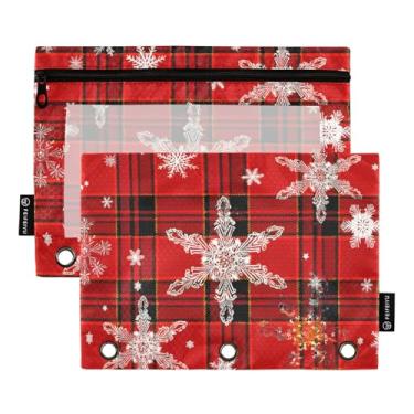 Imagem de GAIGEO Flocos de neve, vermelho, preto, xadrez, 3 anéis, estojo para lápis, fichário com zíper, bolsas escolares para estudantes, bolsos transparentes, tecido 25 x 18 cm, 2 pacotes