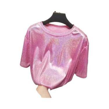Imagem de Camiseta Feminina De Seda Brilhante Com Manga Curta Solta Estilo Retrô