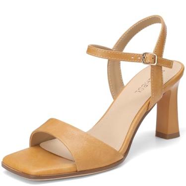 Imagem de SLXCHBSL Sandálias femininas de salto com tiras, salto bloco, bico aberto, tira no tornozelo, salto social, para festas de casamento casuais, Amarelo, 35