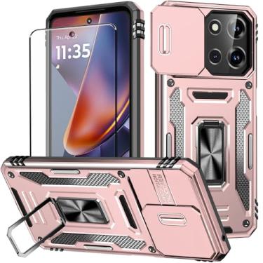 Imagem de Aozuoton Capa para Moto G 2025 com protetor de tela e com capa para câmera, suporte rotativo de grau militar de 360° (resistente), proteção à prova de choque, capa para Moto G 2025 ouro rosa