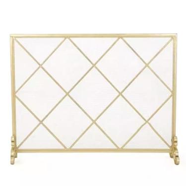 Imagem de Cobertura de tela de lareira de ferro forjado dourado com pés de apoio, proteção contra incêndio de painel único para chama aberta e queimador de tronco, elegante barreira de segurança contra incêndio