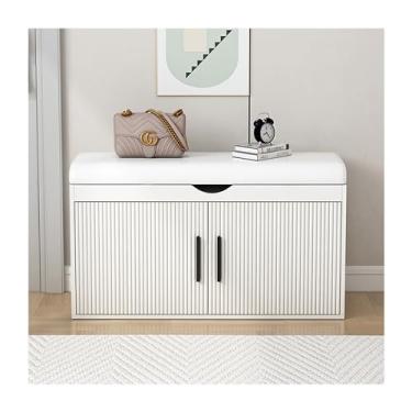 Imagem de Cabine de banco de armazenamento de sapateira de madeira para entrada da porta da frente, banco de armazenamento organizador de sapatos, banco de entrada com armários de prateleiras de armazenamento