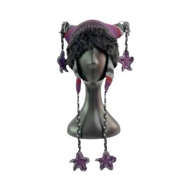 Imagem de Gorro Feminino Quente De Tricô Artesanal Com Orelhas De Gato E Listras