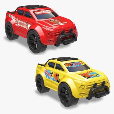Imagem de Kit Carrinho Pick Up Force Bombeiro + Praia Camionete Carro Roda Livre