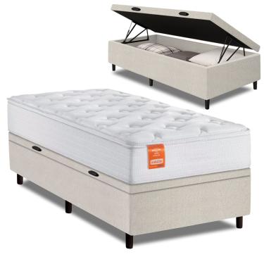 Imagem de Cama Box Baú Colchão Solteiro Molas Ensacadas Real 88x188x68cm Linho Branco Inducol - S...