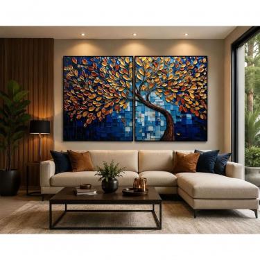 Imagem de Quadro Decorativo Árvore da Vida Azul e Dourado Retangular 110x80cm 2 Peças Moldura Filete Preta Decorativa Enxovais
