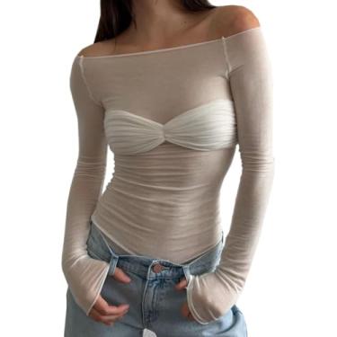 Imagem de Blusa feminina de malha slim fit manga longa transparente camisa com laço tomara que caia camiseta de balada cropped, Branco, M(8-10)