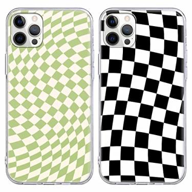 Imagem de RUMDEY Pacote com 2 capas de telefone com design xadrez torcido para iPhone 13 Mini 5,4 polegadas, capas estéticas de silicone macio fino TPU à prova de choque para mulheres, homens, meninas, preto e verde