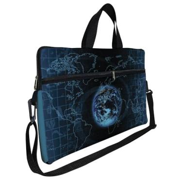 Imagem de Case Capa Maleta Premium Para Notebook Laptop de 15,6 com Alça de Mão Alça de Ombro e Zíper Lateral - Mapa Planeta Azul