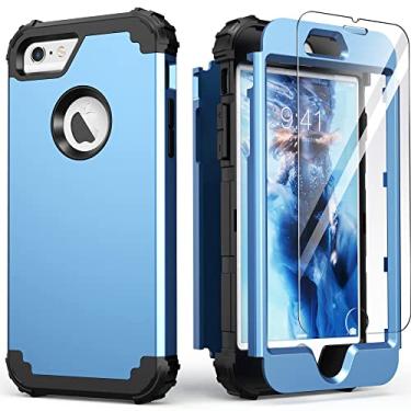 Imagem de IDweel Capa para iPhone 6S, capa para iPhone 6 com protetor de tela (vidro temperado), 3 em 1, absorção de choque, resistente, capa protetora de corpo inteiro de silicone macio para meninas, azul e preto
