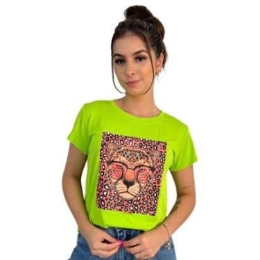Imagem de Blusa T-Shirt Verde Lima com estampa de Leopardo - Único - Verde lima/Laranja-Feminino