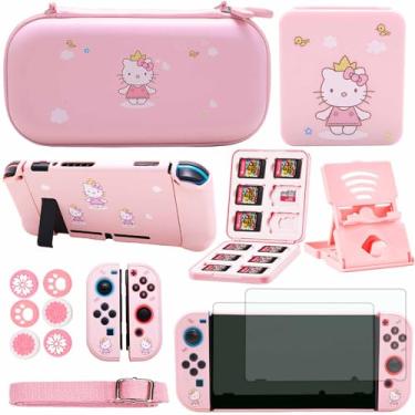 Imagem de YOOWA Accessories Bundle for Nintendo Switch - Pink Cute Kawaii NS Accessory Kit with Cartoon Carrying Case, dockable case, Screen Protector Set, Card Holder, Stand for girls boys kids