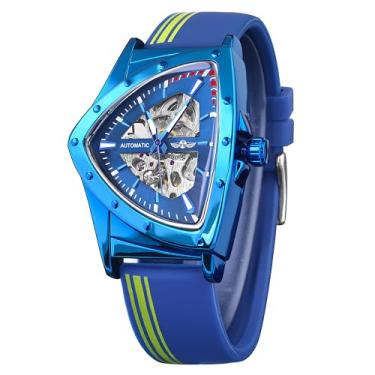 Imagem de Relógio Masculino FORSINING Skeleton, Mecânico, Automático, Mostrador Triangular, Luminoso, Pulseira de Aço Inoxidável ou Silicone Macio, Azul