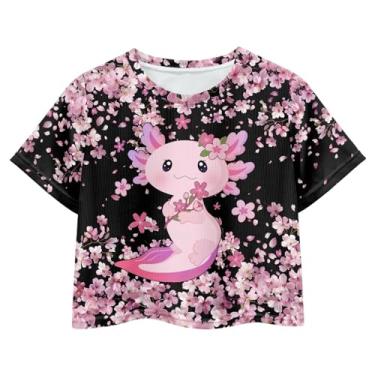 Imagem de Watdotory Camiseta de 4 de julho para meninas de 7 a 8 anos com a bandeira dos EUA Crop Tops Kids Outfit Independent Day Graphic Tee-, Axolote em flor de cerejeira, G