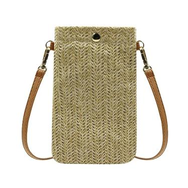Imagem de RARITYUS Bolsa feminina pequena de palha para celular, bolsa tiracolo leve, para viagem, verão, praia, Caqui, One Size