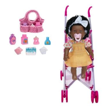 Imagem de Boneca Infantil Bebê Negra Danadinha 34cm e Carrinho e Bolsa - Milk Br